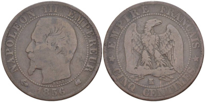 ФРАНЦИЯ 5 САНТИМОВ 1856 К, НАПОЛЕОН III (1852-1870), МОНДВОР БОРДО KM 777.5, LE FRANC бронза 219-546