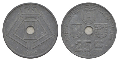 Бельгия 25 сантимов 1946 Belgie - Belgique, Леопольд III (1934-1947), германская оккупация, Вторая мировая война KM 132 цинк 4619-1016