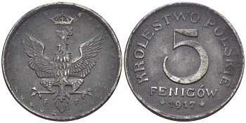 ПОЛЬША 5 ФЕНИГОВ 1917 FF. ГЕРМАНСКАЯ ОККУПАЦИЯ, ПЕРВАЯ МИРОВАЯ ВОЙНА KM 5 железо 5010-1311