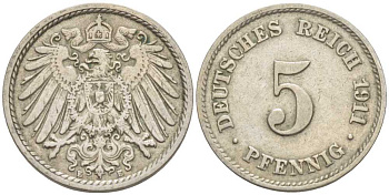 Германия 5 пфеннигов 1911 E KM 11, Jager 12, Weege 6 медно-никель 105-152
