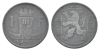 Бельгия 1 франк 1942 Belgique - Belgie, Леопольд III (1934-1951), германская оккупация, Вторая мировая война KM 127 цинк 4173-826