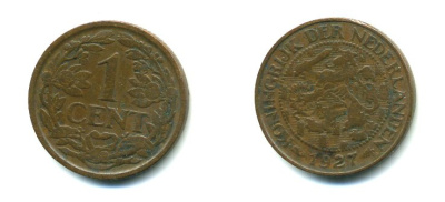 НИДЕРЛАНДЫ 1 ЦЕНТ 1927 ВИЛЬГЕЛЬМИНА (1890-1948) KM 152 бронза 35-1322