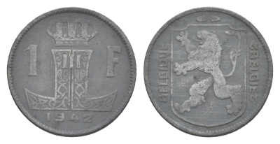 Бельгия 1 франк 1942 Belgique - Belgie, Леопольд III (1934-1951), германская оккупация, Вторая мировая война KM 127 цинк 4173-826