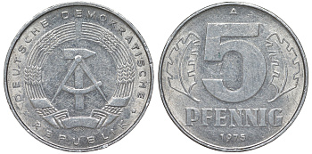 ГДР 5 ПФЕННИГОВ 1975 A KM 9.1 алюминий 62-333
