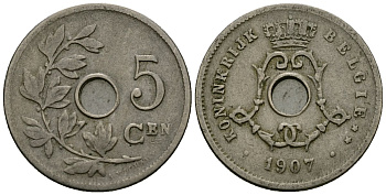 Бельгия 5 сантимов 1907 Belgie KM 55 медно-никель 4173-158