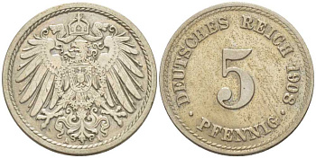 Германия 5 пфеннигов 1908 A KM 11, Jager 12, Weege 6 медно-никель 206-953