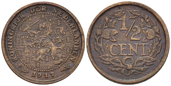 НИДЕРЛАНДЫ 1/2 ЦЕНТА 1917 ВИЛЬГЕЛЬМИНА (1890-1948) KM 138 бронза 39-213
