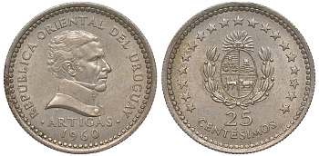 Уругвай 25 сентесимо 1960 KM 40 медно-никель 4532-254