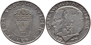 Швеция 1 крона 1977 Карл XVI Густав (1973- ) KM 852 медь плакированная медно-никелем 4397-827