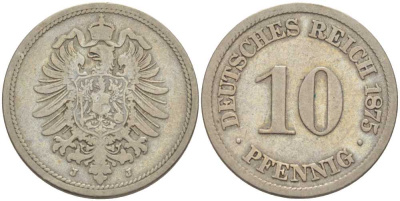 ГЕРМАНИЯ 10 ПФЕННИГОВ 1875 J, СТАРОГЕРБОВКА KM 4, J. 4, Weege 7 медно-никель 212-835