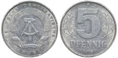 ГДР 5 ПФЕННИГОВ 1975 A KM 9.1 алюминий 62-333