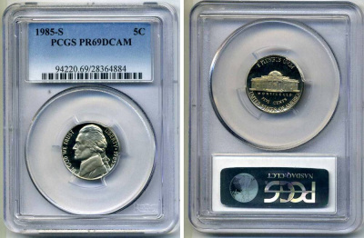 США 5 центов 1985 S, президент Джеферсон, в слабе PCGS PR69CAM KM А192 медно-никель PROOF 15-003-07