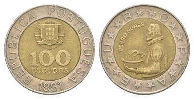 Португалия 100 эскудо 1991 Педру Нуниш (1502-1578), математик KM 645 биметалл 4388-832