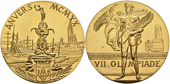 Бельгия медаль 1920 VII ЛЕТНИЕ Олимпийские игры В АНТВЕРПЕНЕ, СУВЕНИРНАЯ медаль, диаметр 50,5 мм. жёлтый металл 05-124-31
