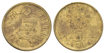 Португалия 5 эскудо 1990 KM 632 никель латунь 4611-921