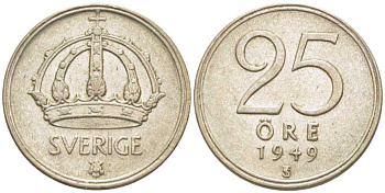 Швеция 25 эре 1949 TS, Густав V (1907-1950) KM 816 серебро 116-1139