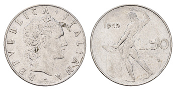 Италия 50 лир 1955 R, бог огня Вулкан у наковальни KM 95.1 нержавеющая сталь 186-937