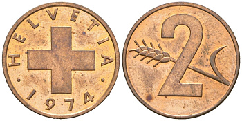 Швейцария 2 раппена 1974 KM 47 бронза UNC 4164-339