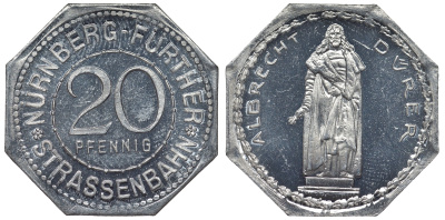 Германия, Нюрнберг - Фюрт 20 пфеннигов ND трамвайный жетон, памятник Дюреру алюминий UNC 4119-643