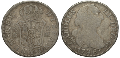 Испания 2 реала 1788 M M, мондвор (Мадрид), Карлос III (1759-1788) KM 412.1 (C38.2) серебро 650-932
