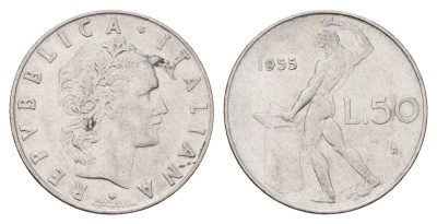 Италия 50 лир 1955 R, бог огня Вулкан у наковальни KM 95.1 нержавеющая сталь 186-937