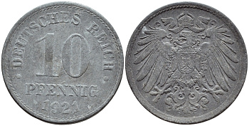 ГЕРМАНИЯ 10 ПФЕННИГОВ 1921 KM 26, J. 299 цинк 4395-1246