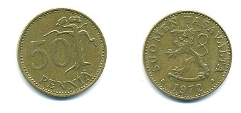 ФИНЛЯНДИЯ 50 ПЕННИ 1972 S KM 48 алюминиевая бронза 80-442