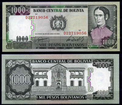 Боливия 1000 песо боливиано 1982 Хуана Асурдуи де Падилья Pick 167 a (3) бумага UNC (пресс) 447-11-3