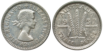 Австралия 3 пенса 1957 m, Елизавета II (1952-2022) KM 57 серебро 71-517