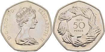 Великобритания 50 пенсов 1973 Елизавета II (1952-2022), вступление в Европейское экономическое сообщество KM 918, Spink 4224 медно-никель UNC 4590-1223