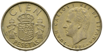 Испания 100 песет 1986 Хуан Карлос I (1975-2014) KM 826 алюминиевая бронза 85-331