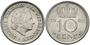 НИДЕРЛАНДЫ 10 ЦЕНТОВ 1962 ЮЛИАНА KM 182 никель 96-417
