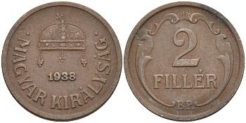 Венгрия 2 филлера 1938 BP KM 506 бронза 4115-1164