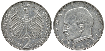 ФРГ 2 марки 1958 J, Макс Планк KM 116, J. 392 медно-никель плакированный никелем 72-241