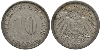 ГЕРМАНИЯ 10 ПФЕННИГОВ 1903 J KM 12, Jager 13, Weege 8 медно-никель 219-411