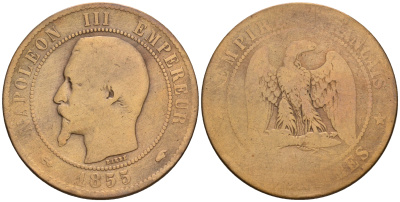 Франция 10 сантимов 1855 A, Наполеон III (1852-1870) KM 771.1, Le Franc 133,19 бронза 221-443