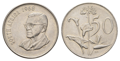 ЮАР 50 центов 1968 Окончание президентства Чарльза Сварта, Suid Africa, легенда на английском KM 79.1 никель 92-1154