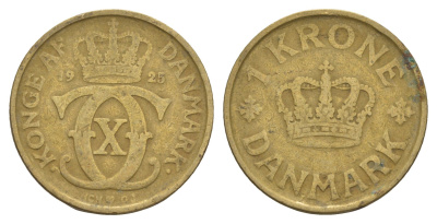 Дания 1 крона 1925 HCN, Кристиан X (1912-1947) KM 824 алюминиевая бронза 4657-321