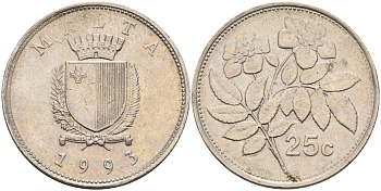 Мальта 25 центов 1993 шиповник вечнозелёный KM 97 медно-никель 219-1057