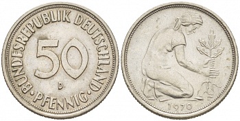 ФРГ 50 ПФЕННИГОВ 1970 D KM 109.1 медно-никель 3955-658