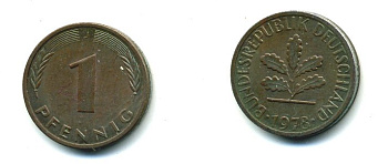ФРГ 1 ПФЕННИГ 1978 J KM 105, J.380 сталь плакированная медью 46-1731