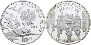 Польша 10 злотых 2008 40 лет студенческого марша 1968 года KM 632 серебро PROOF 1066-3-31