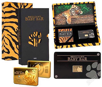 Ниуэ 5 долларов 2011 серия Brilliant baby bar, тигренок, вес 1 гр., тираж 5000 экземпляров, номер 258, вставка бриллиант, в оригинальной упаковке с сертификатом KM 620 золото  PROOF  1-5-2-62