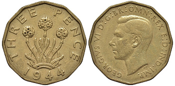 Великобритания 3 пенса 1944 Георг VI (1936-1952) KM 849, Spink 4112 никель латунь 4538-1117