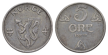 Норвегия 5 эре 1942 Хокон VII (1905-1957) KM 388 железо 4587-1035