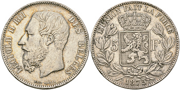Бельгия 5 франков 1875 Леопольд II (1865-1909) KM 17 серебро 11-256-34