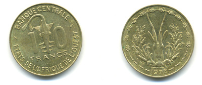 ЗАПАДНАЯ АФРИКА 10 ФРАНКОВ 1978 KM 1а алюминий никель бронза UNC 86-1651