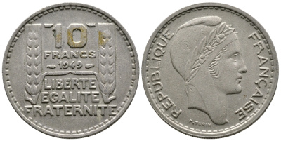 Франция 10 франков 1949 тип Пьер Турин KM 909.1, LE FRANC 362.6 медно-никель 51-726