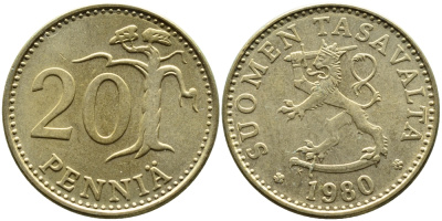 ФИНЛЯНДИЯ 20 ПЕННИ 1980 К KM 47 алюминиевая бронза 4391-1122