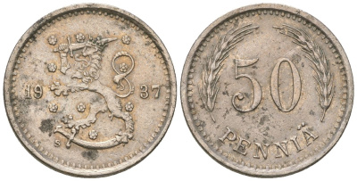 Финляндия 50 пенни 1937 S KM 26 медно-никель 4174-1048